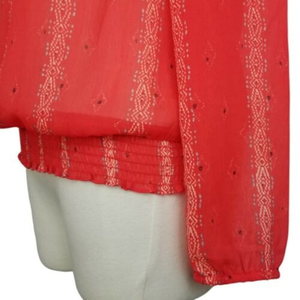 Lucky Brand Orange Blouse Medium Paisley Tie Neck Smocked Waist Top Boho Peasant - Picture 4 of 12